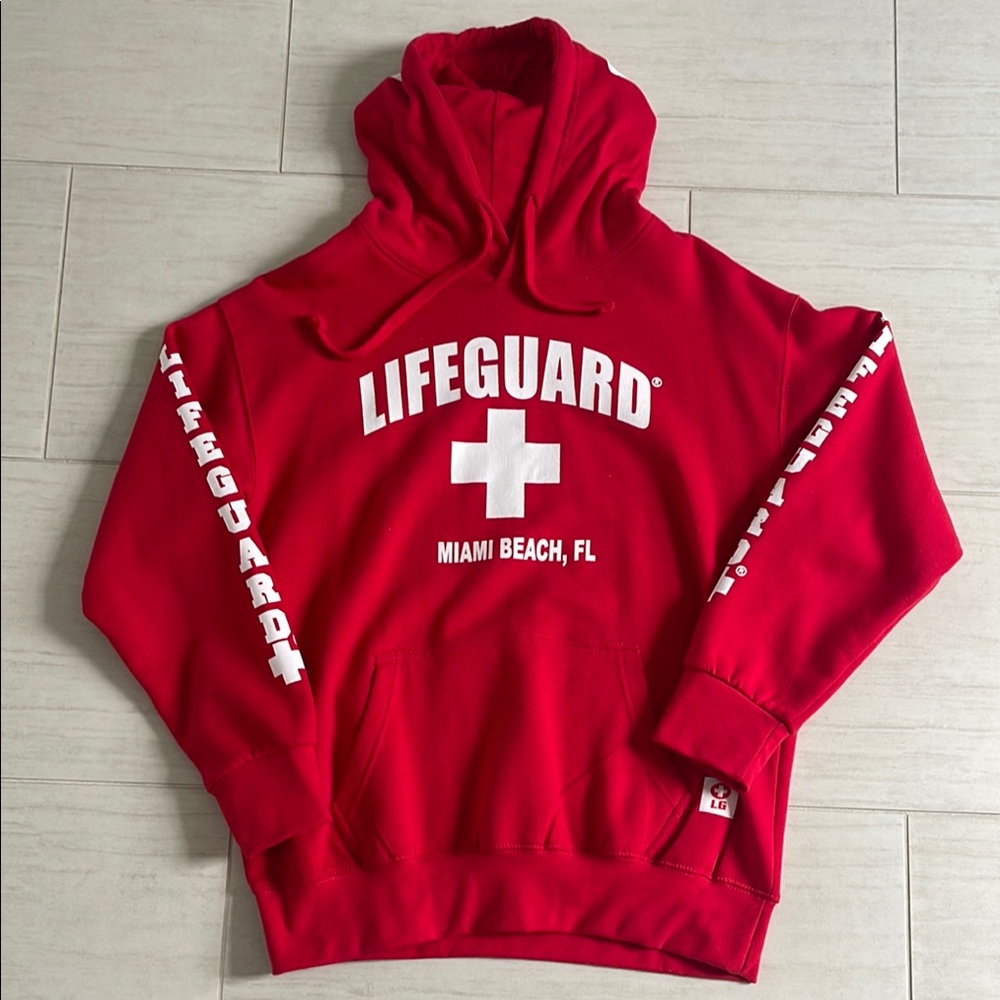 Vibrant Red Lifeguard Sweater with Bold White Text